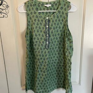 Pure Jill Linen Tunic Size Small Green Tomato Artisan Floral Sleeveless Top